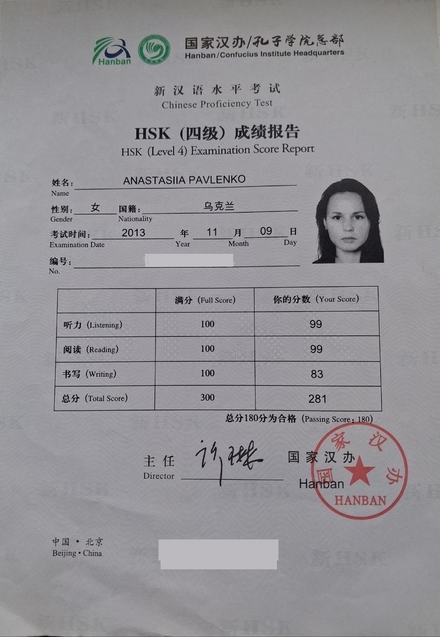HSK Level 4 score report